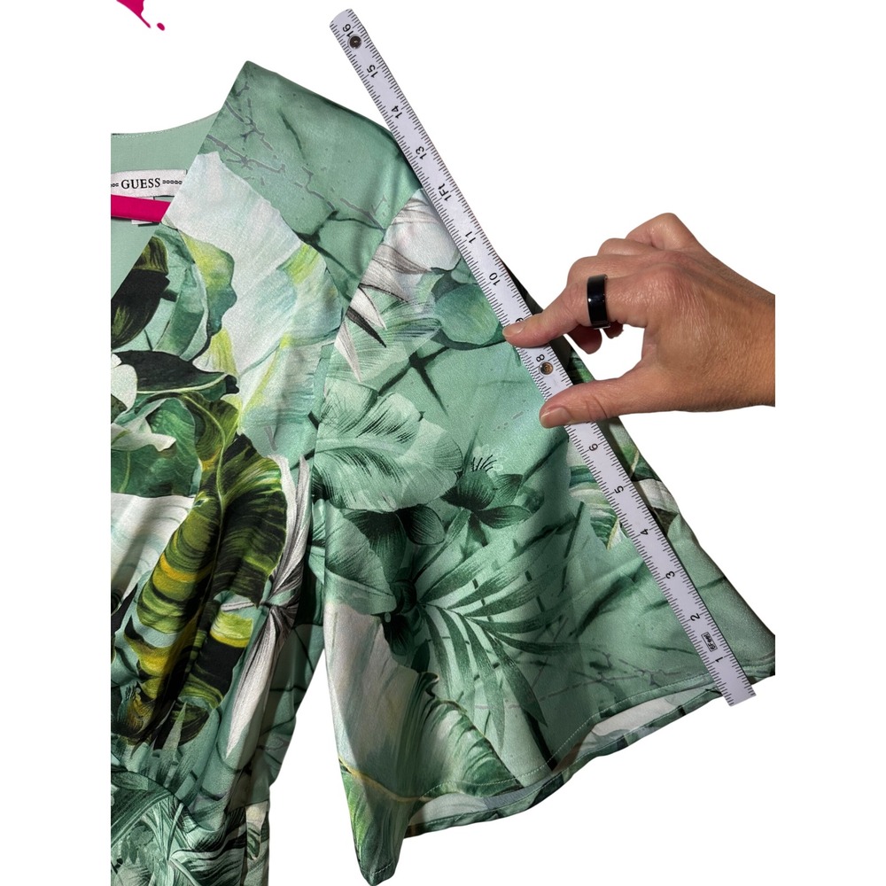 NWOT Guess‎ Tropical Leaf Print Tie Front Midi Dress Green V-Neck Flutter Sleeve - Picture 7 of 11